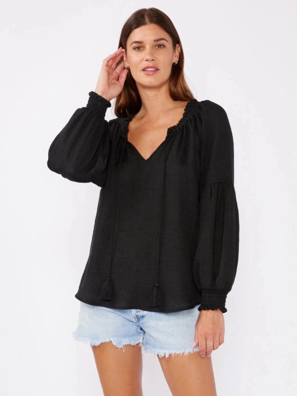 Lovestitch Women's Black Peasant Blouse Small Tassel Tie Cottagecore Top - Picture 2 of 6